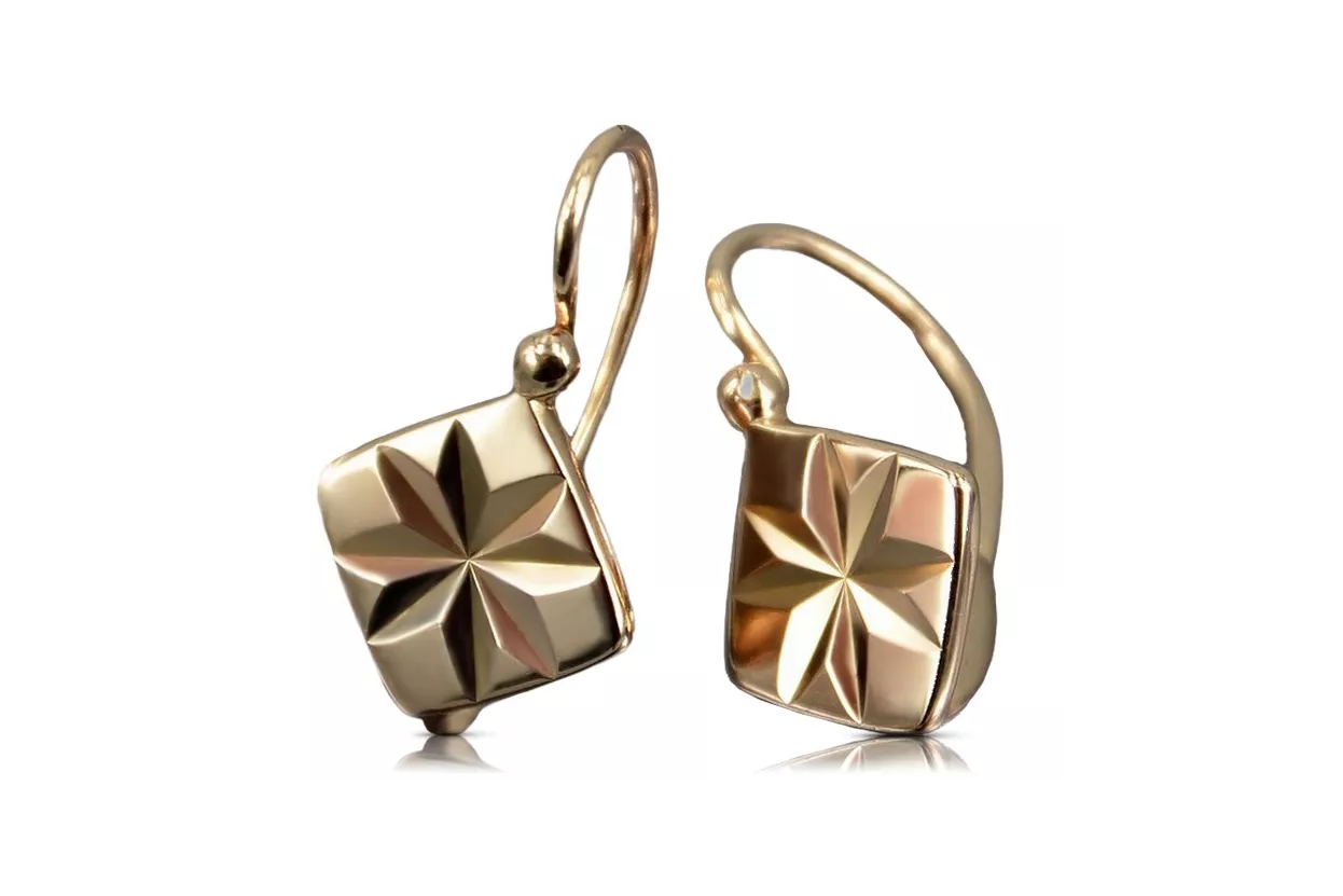 Rose pink 14k 585 gold  Vintage square earrings ven049