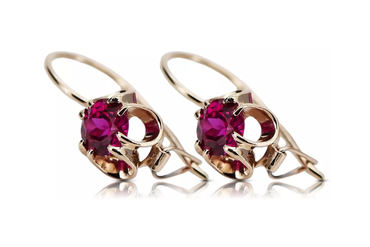Rose pink 14k 585 gold ruby earrings vec035 Vintage Russian Soviet style