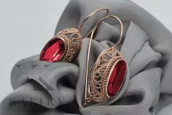 Rožinės raudonos 14k aukso ausinės 585 su rubinu vec023 Vintage