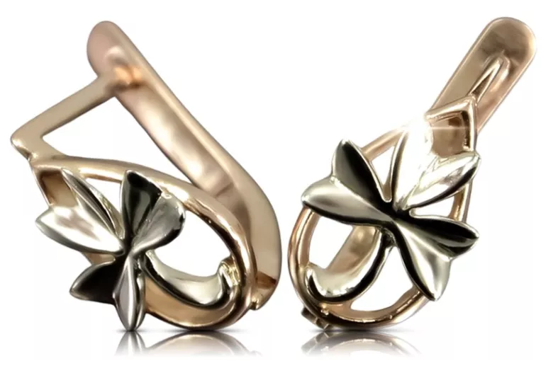 Růže růžová 14k 585 zlatých listů náušnice ven143 ruský sovětský vintage styl