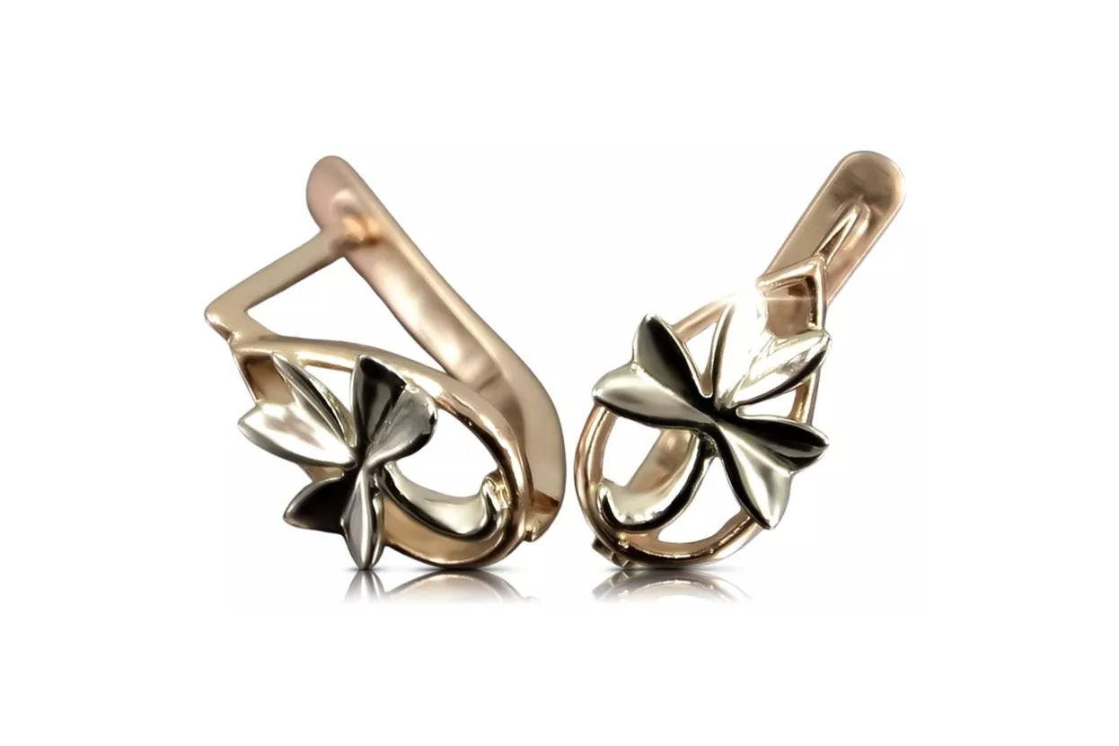 Rose rose 14k 585 Boucles d'oreilles en feuille d'or VEN143 Russe Soviétique Vintage Style