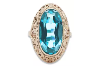 Rožinis raudonas 14k 585 aukso žiedas su akvamarynu vrc184 Vintage