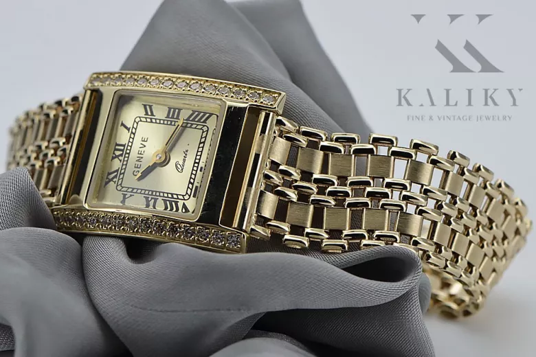 14K Gold Rectangular Women's Watch with Cubic Zirconia