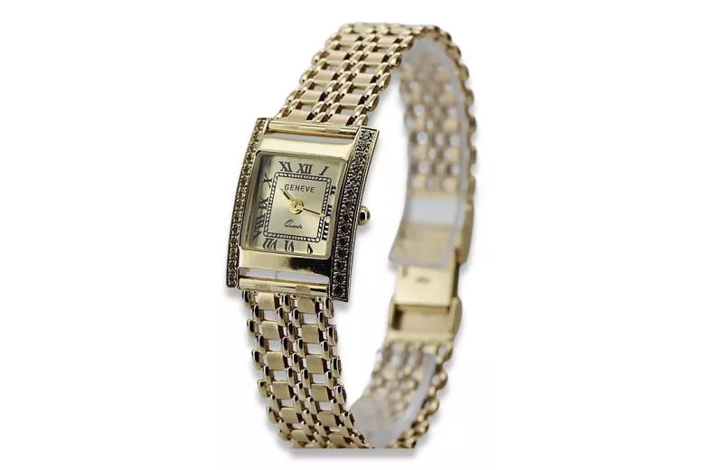 Reloj Dorado Rectangular de 14K para Mujer con Circonita