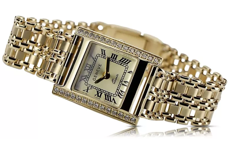 Reloj Dorado Rectangular de 14K para Mujer con Circonita