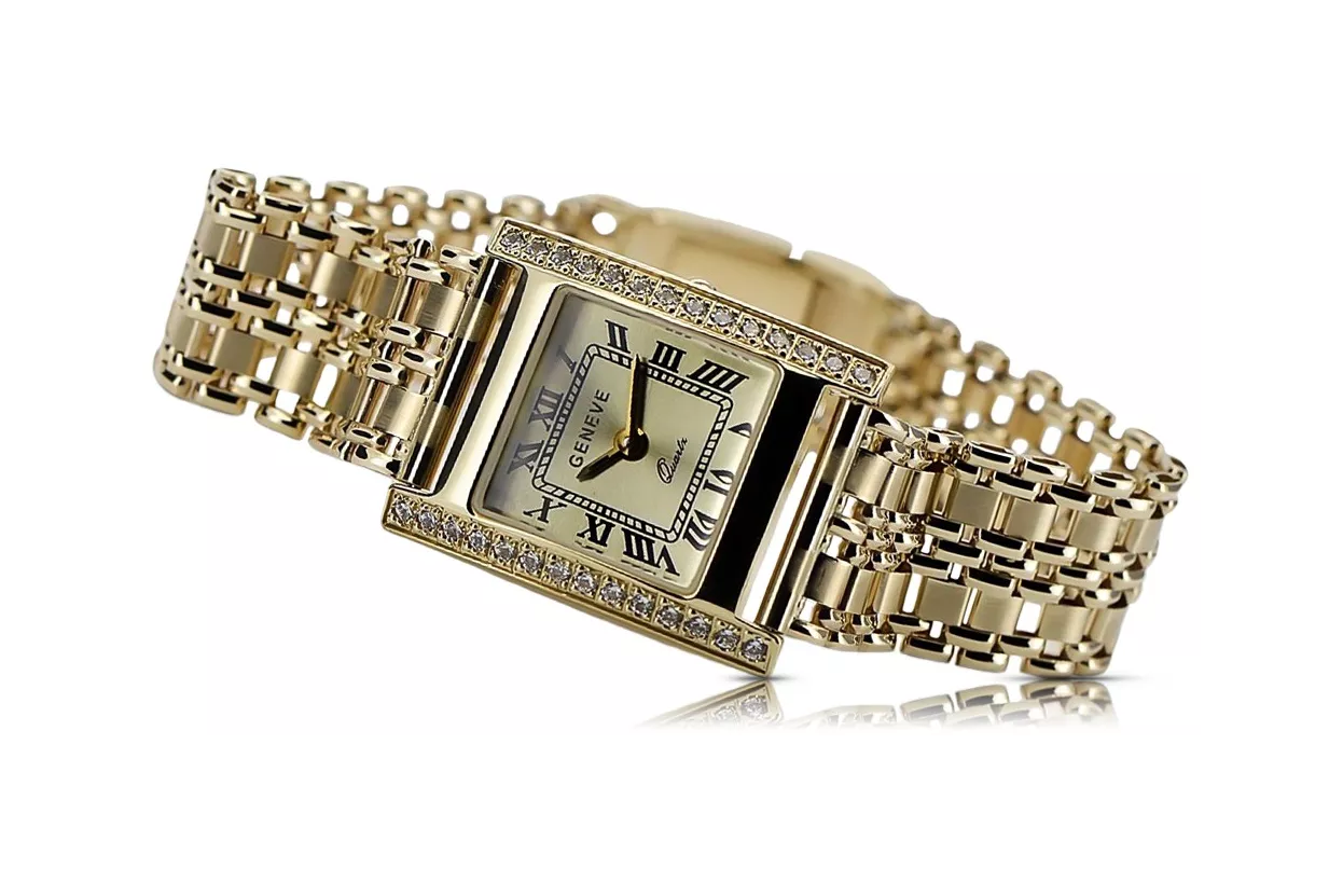 Reloj Dorado Rectangular de 14K para Mujer con Circonita