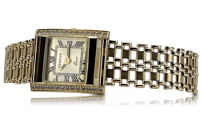 14K Gold Rectangular Women's Watch with Cubic Zirconia