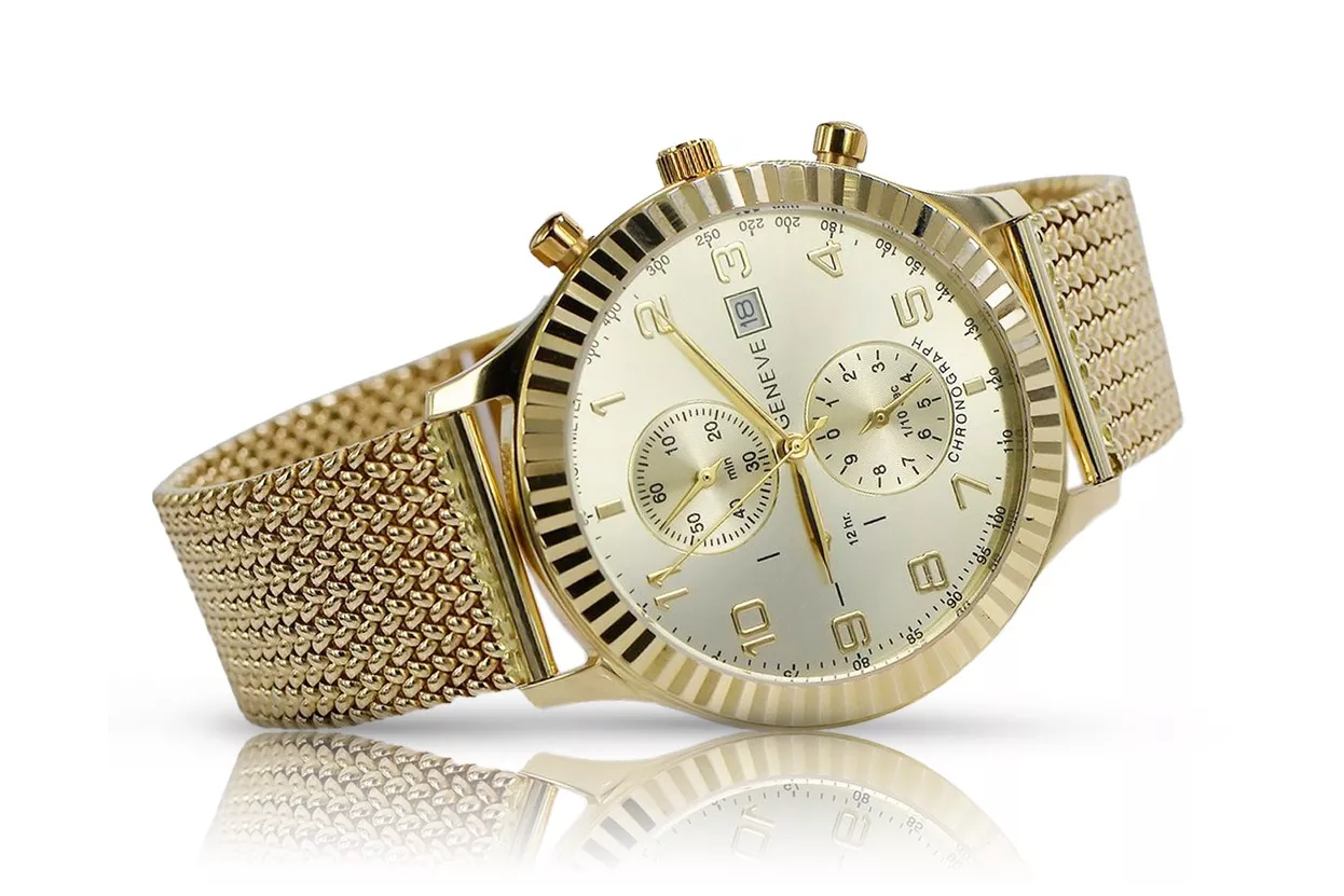 Złoty zegarek damski z bransoletą unisex 14k 585 Geneve mw007y&mbw014y-f