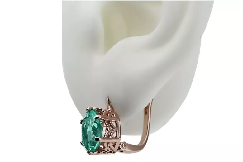 Rose pink 14k 585 gold emerald earrings vec003 Vintage Russian Soviet style